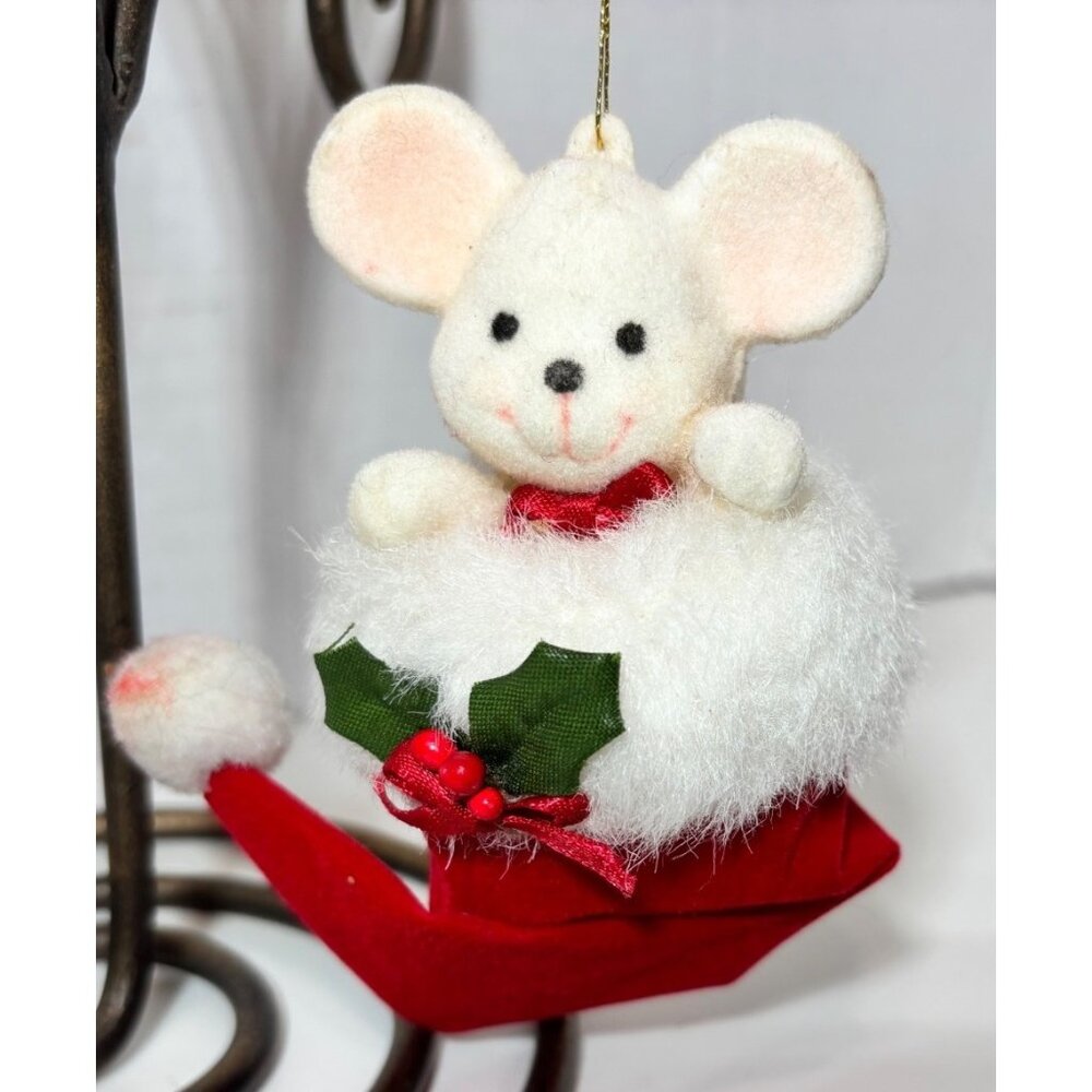 Vintage Flocked Mouse Ornament Peek-A-Boo Christmas Decor - Picture 1 of 4